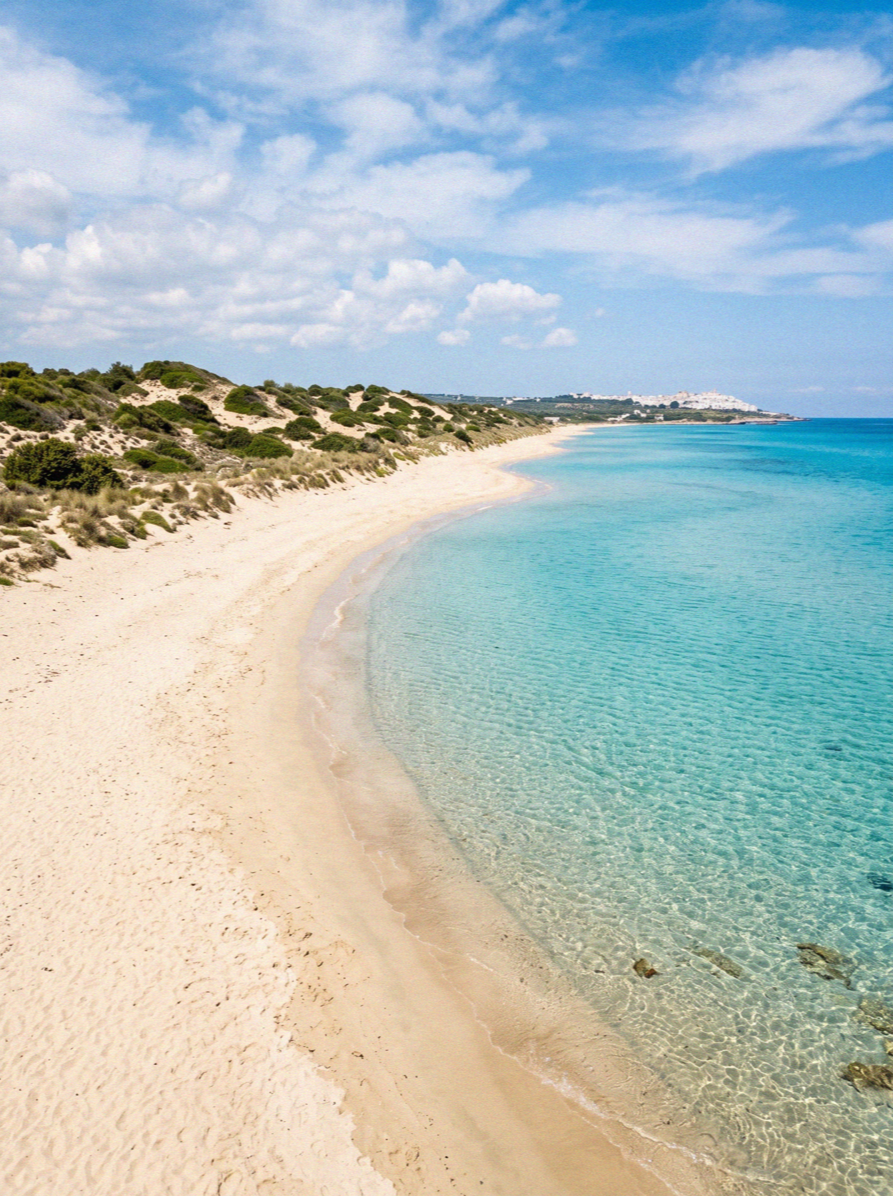 A wide sandy beach backed by dunes meeting clear turquoise water on the coast near Ostuni