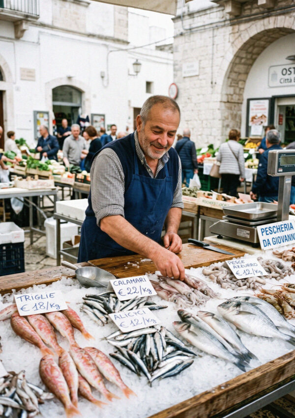 A fishmonger arranging the morning catch on ice at a market counter near Ostuni