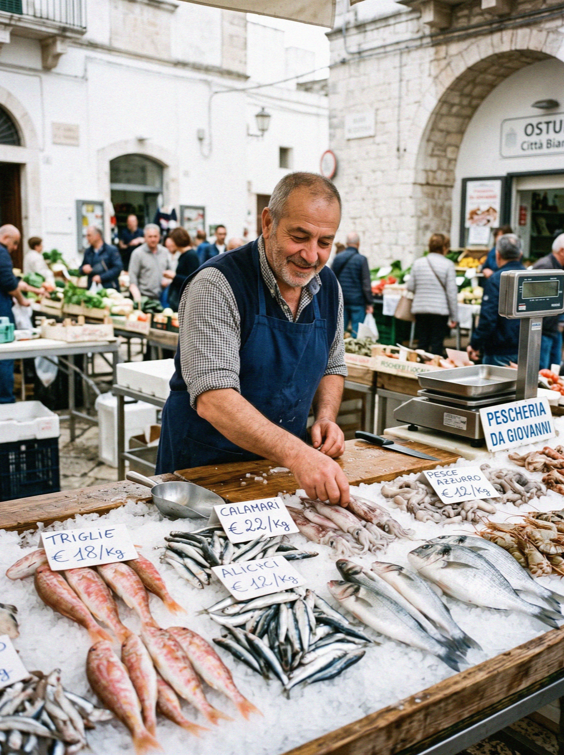 A fishmonger arranging the morning catch on ice at a market counter near Ostuni