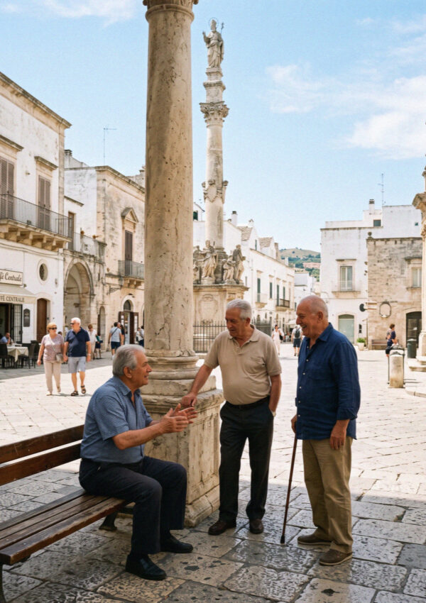 Local men talking in the shade beside a stone column on a square in Ostuni in Puglia