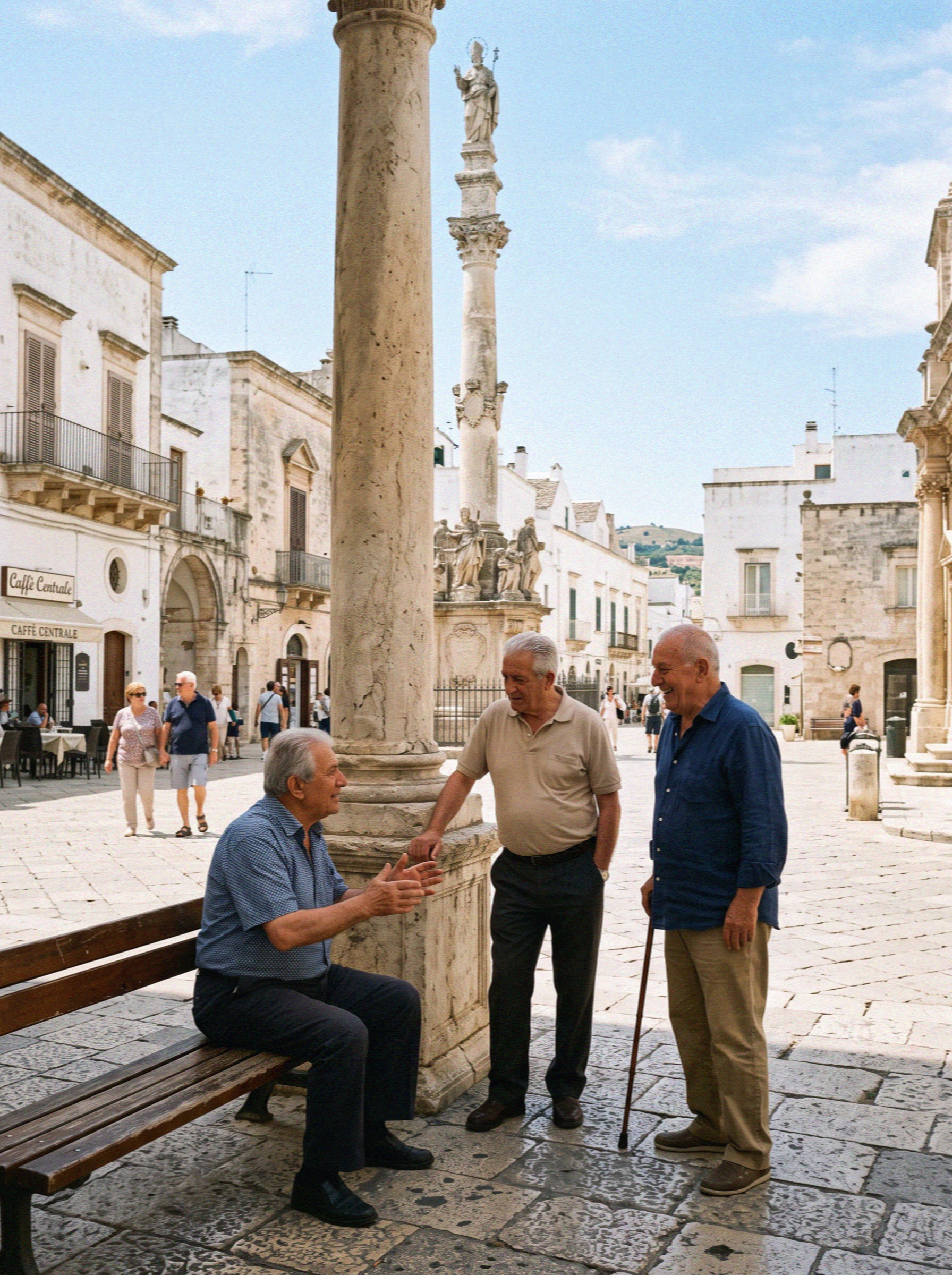 Local men talking in the shade beside a stone column on a square in Ostuni in Puglia