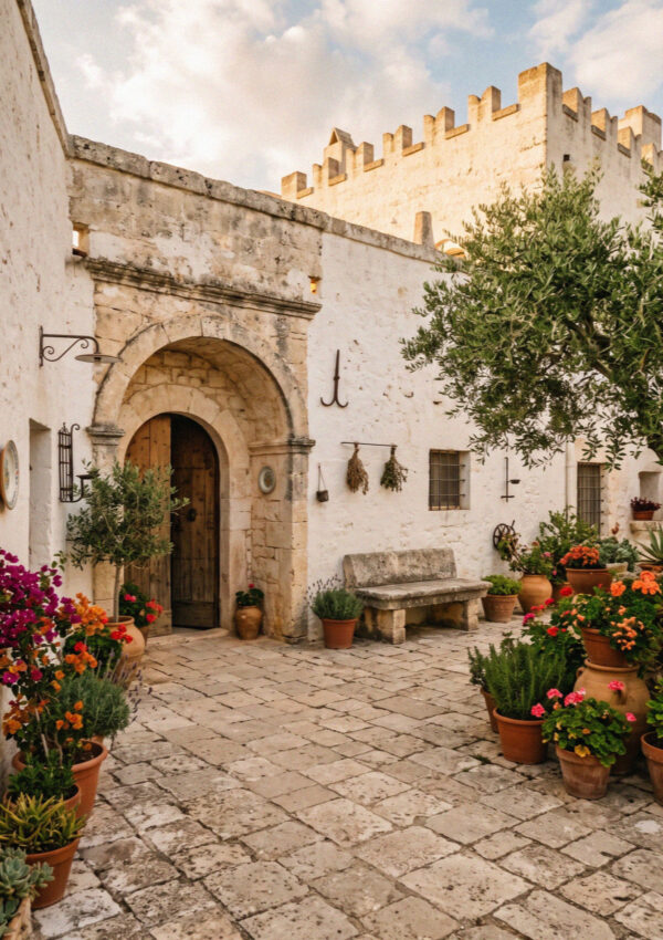The whitewashed courtyard of an old fortified farm estate near Ostuni in Puglia