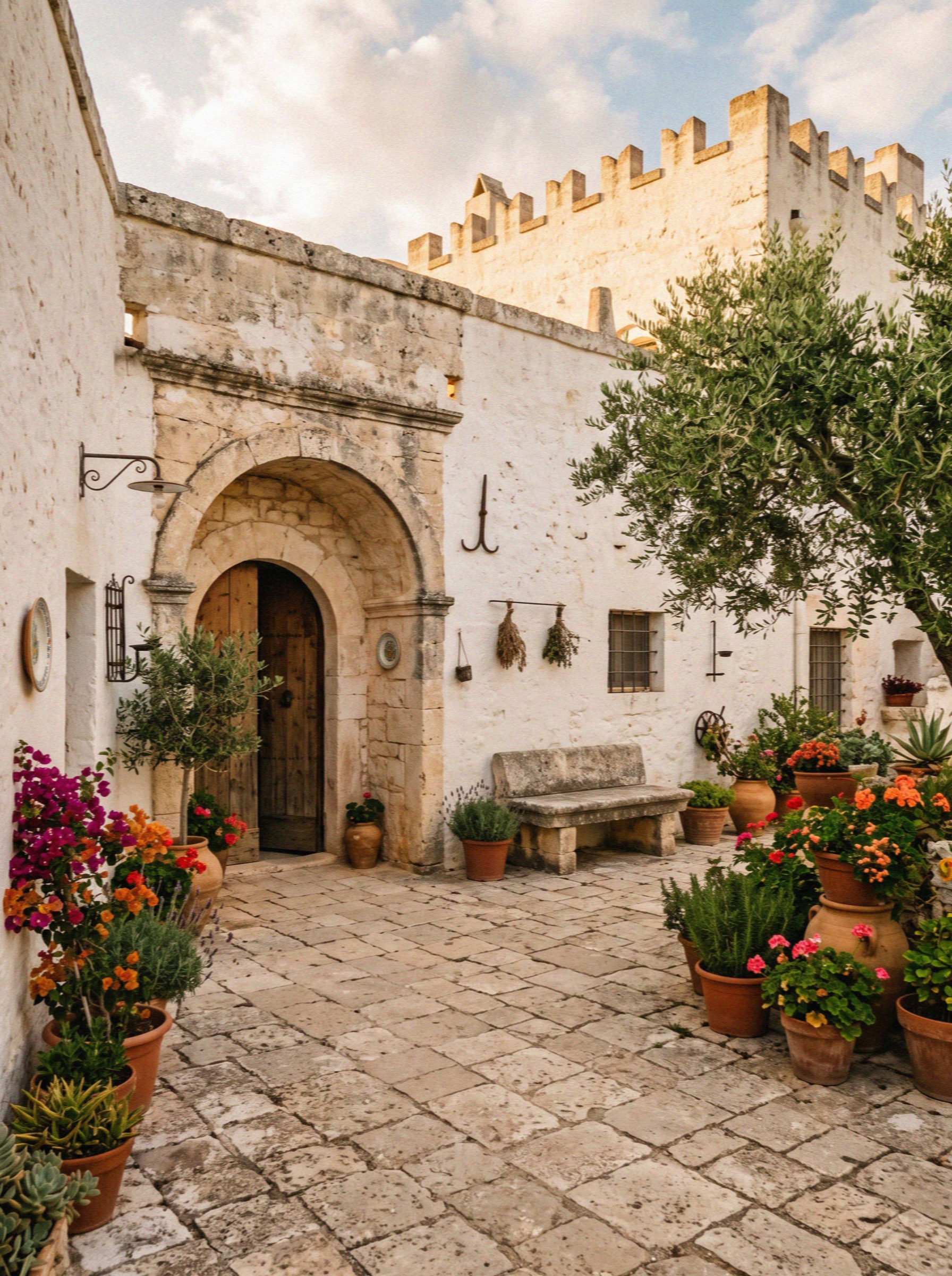 The whitewashed courtyard of an old fortified farm estate near Ostuni in Puglia