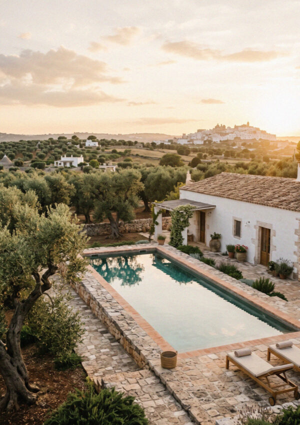 A stone edged pool beside a whitewashed masseria surrounded by old olive trees near Ostuni