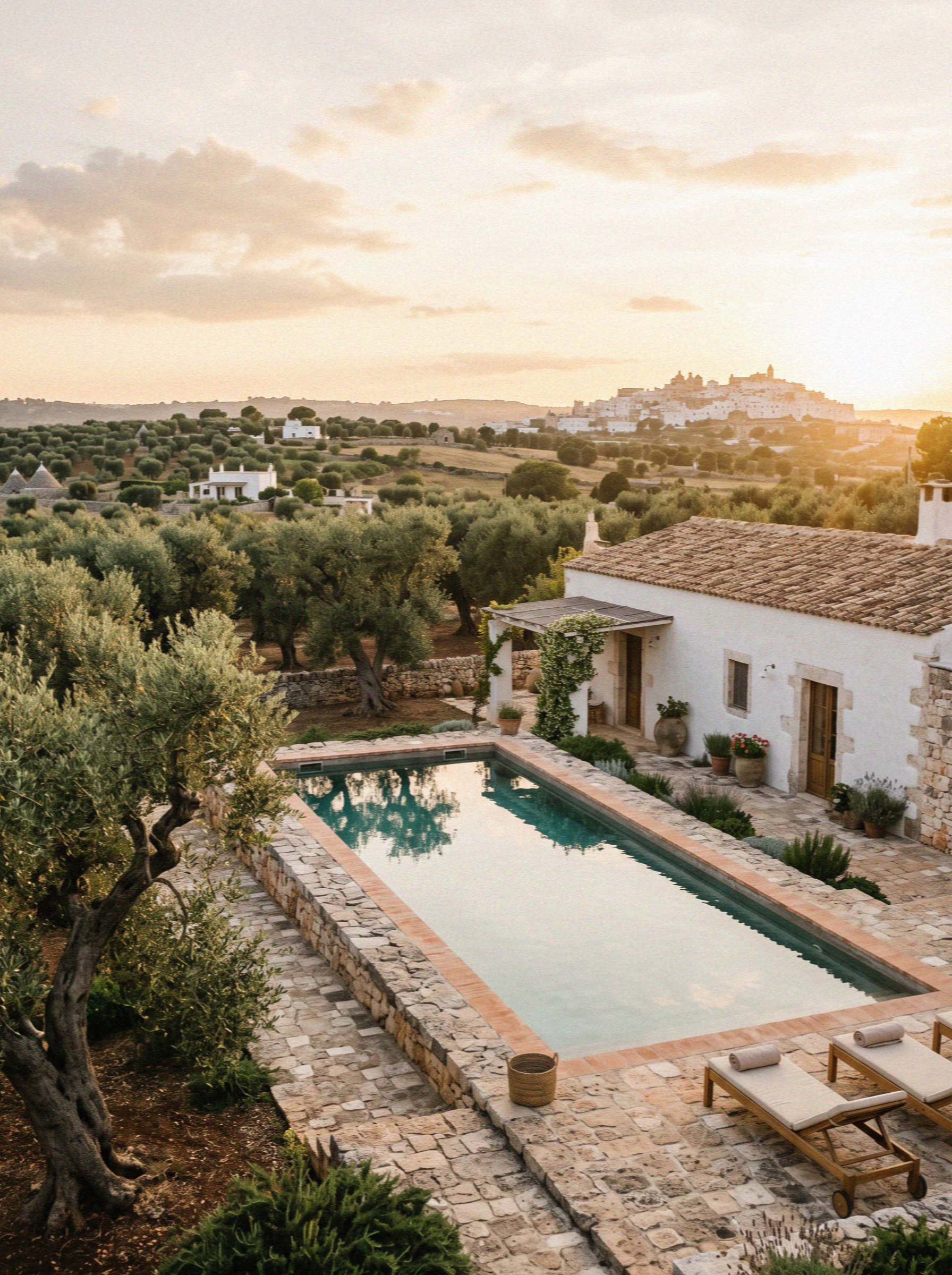 A stone edged pool beside a whitewashed masseria surrounded by old olive trees near Ostuni