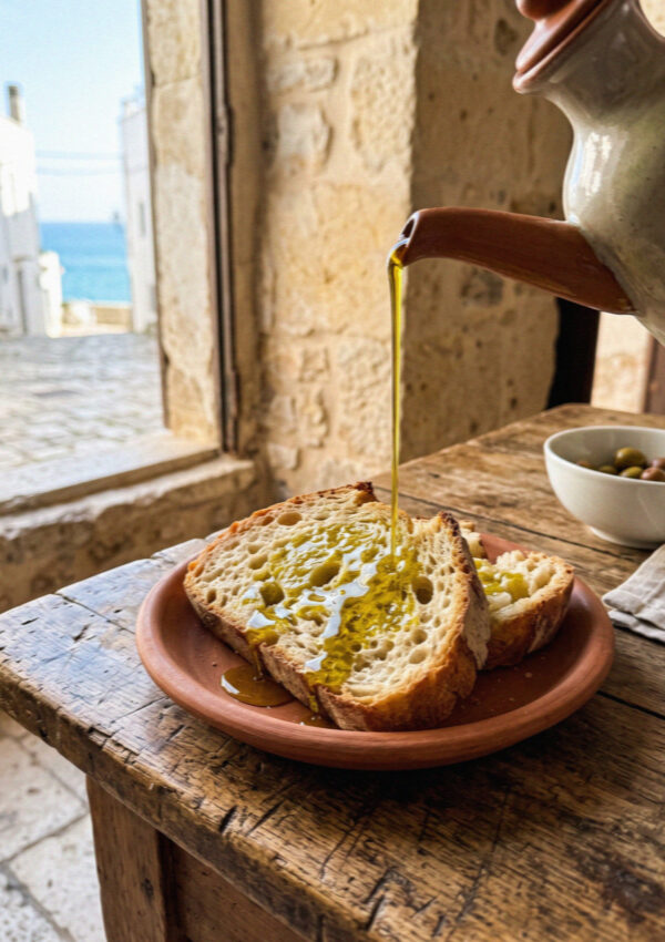 Green gold olive oil poured over torn rustic bread on a wooden table in Ostuni