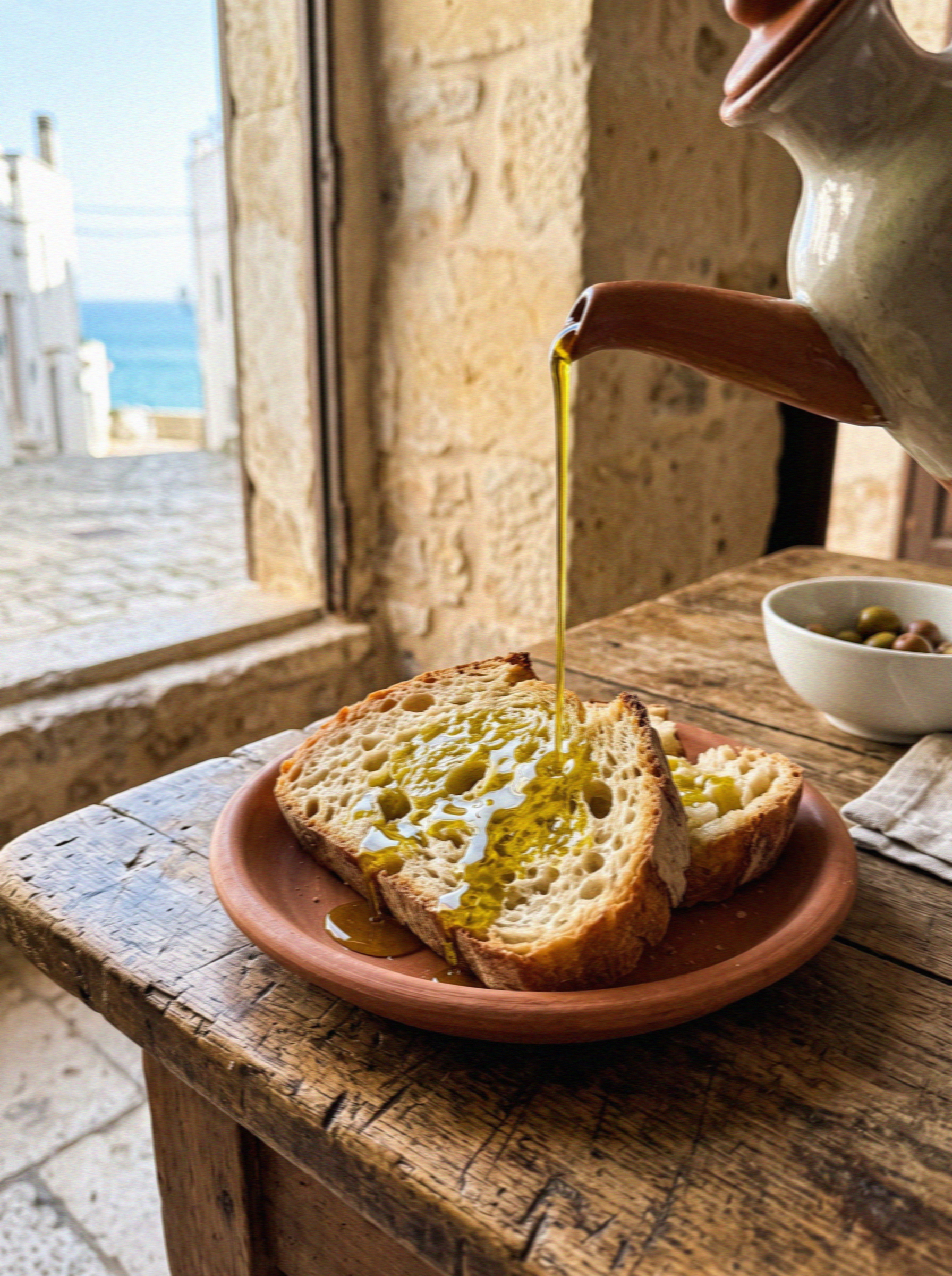 Green gold olive oil poured over torn rustic bread on a wooden table in Ostuni