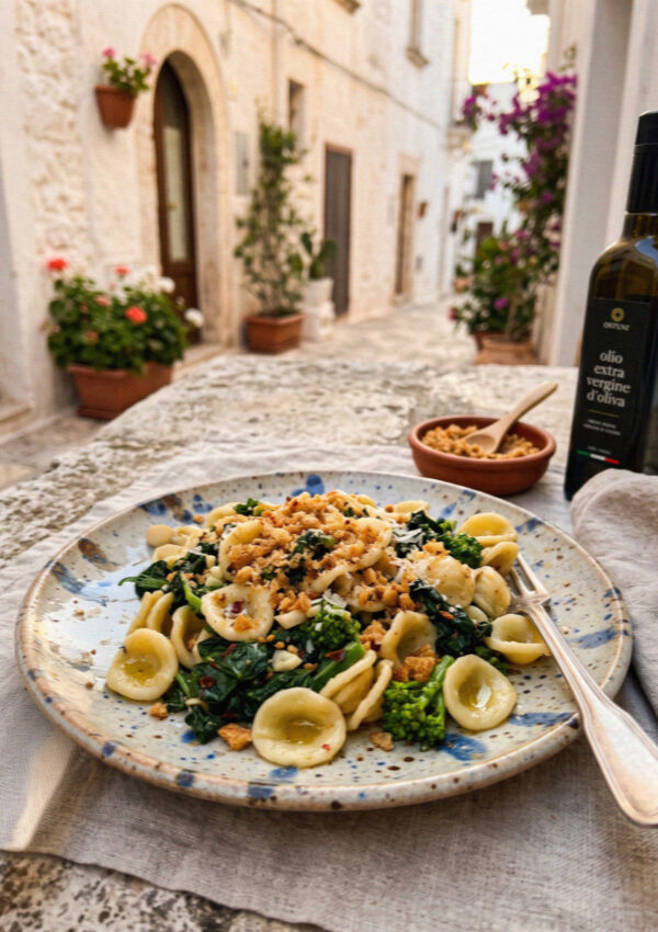 A plate of fresh orecchiette with greens and breadcrumbs on a ceramic plate in Ostuni