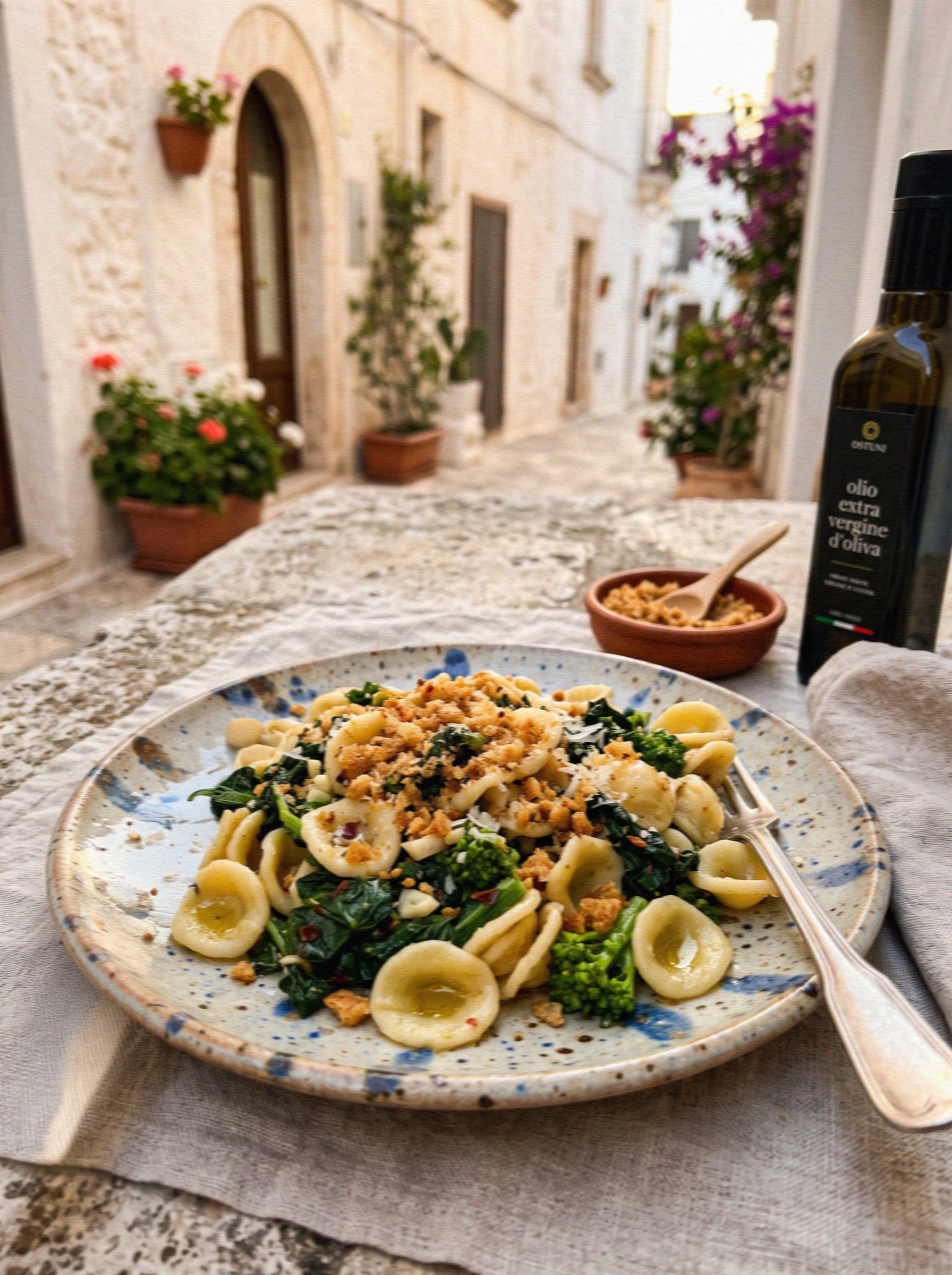 A plate of fresh orecchiette with greens and breadcrumbs on a ceramic plate in Ostuni