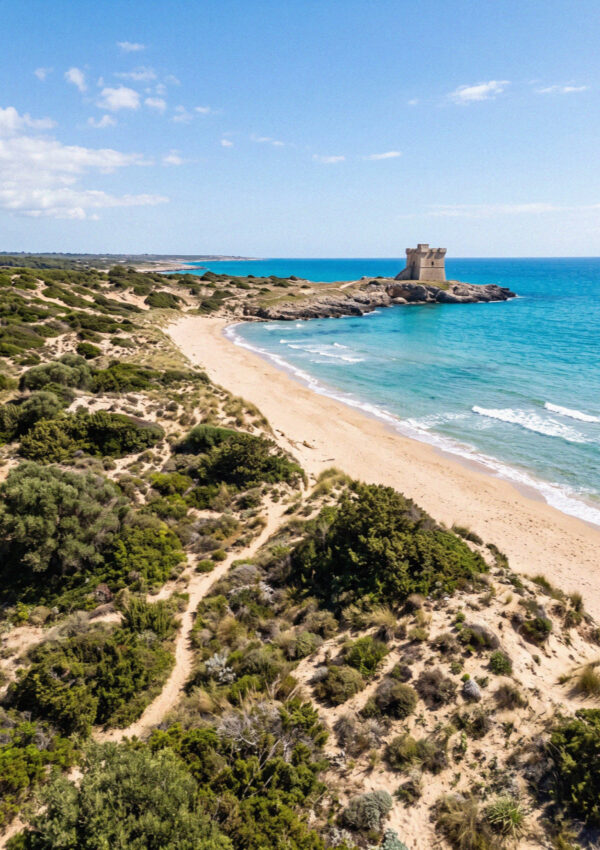 Undeveloped protected coastline of dunes and scrub with a distant stone watchtower near Ostuni