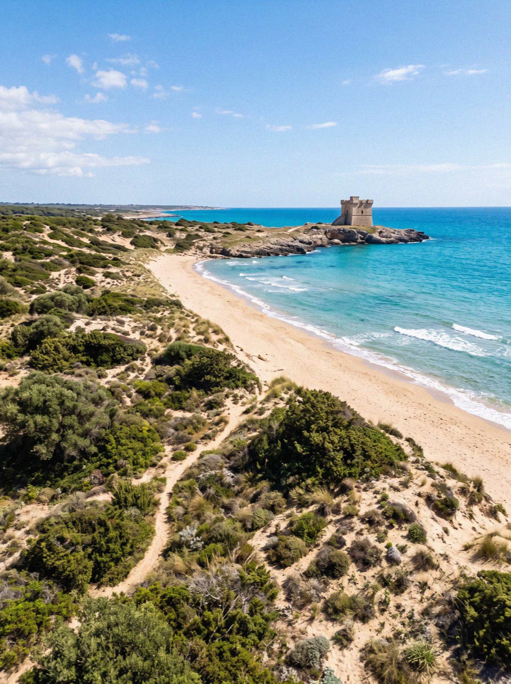 Undeveloped protected coastline of dunes and scrub with a distant stone watchtower near Ostuni
