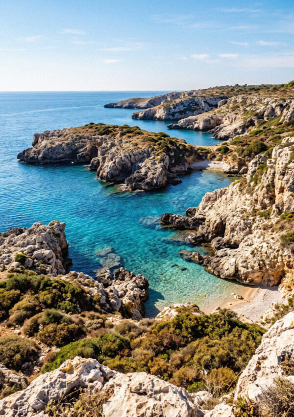 Indented limestone coastline with small sheltered coves of clear blue water near Ostuni