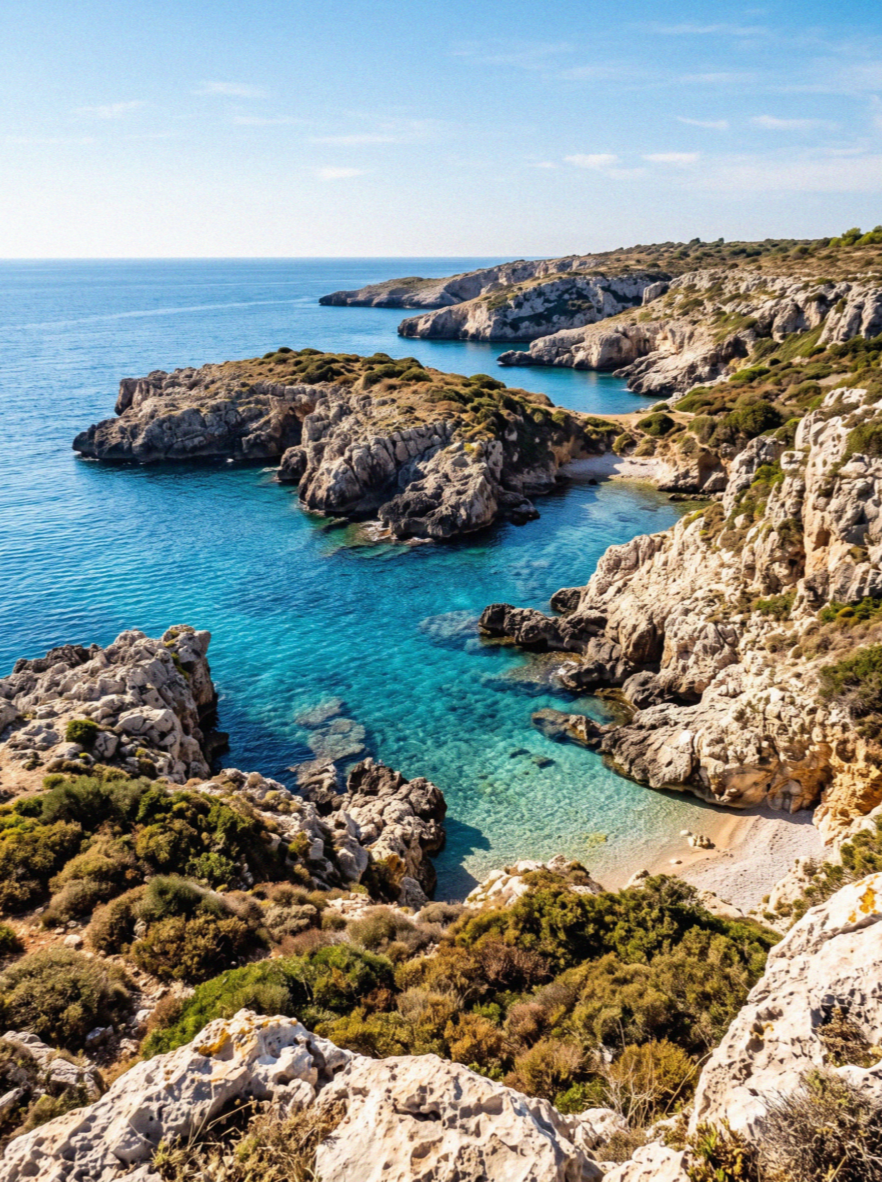 Indented limestone coastline with small sheltered coves of clear blue water near Ostuni