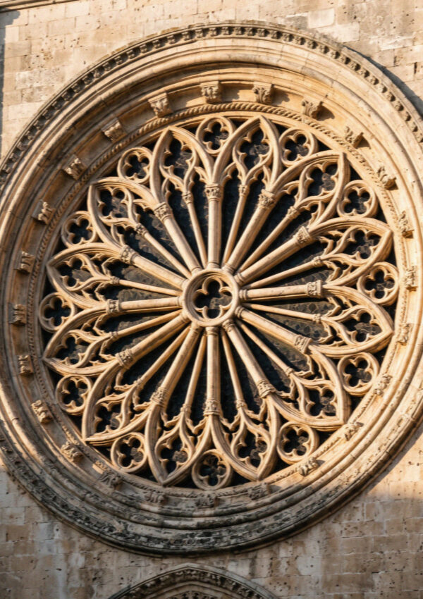 Carved stone tracery and rays of the rose window on the cathedral facade in Ostuni