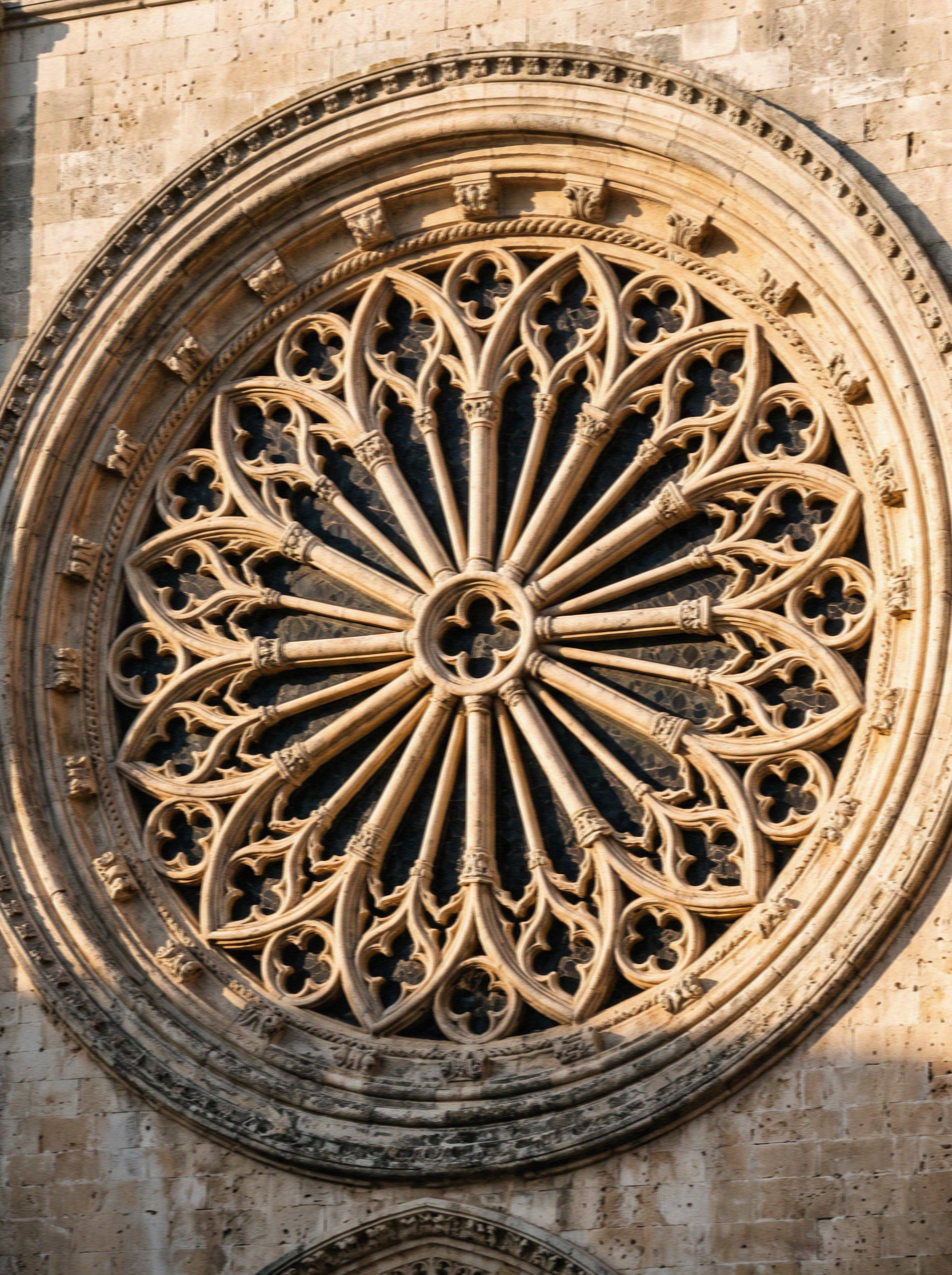 Carved stone tracery and rays of the rose window on the cathedral facade in Ostuni