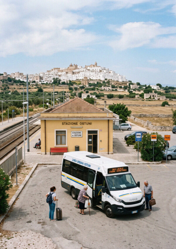 A local shuttle bus waiting outside Ostuni railway station on the plain below the town