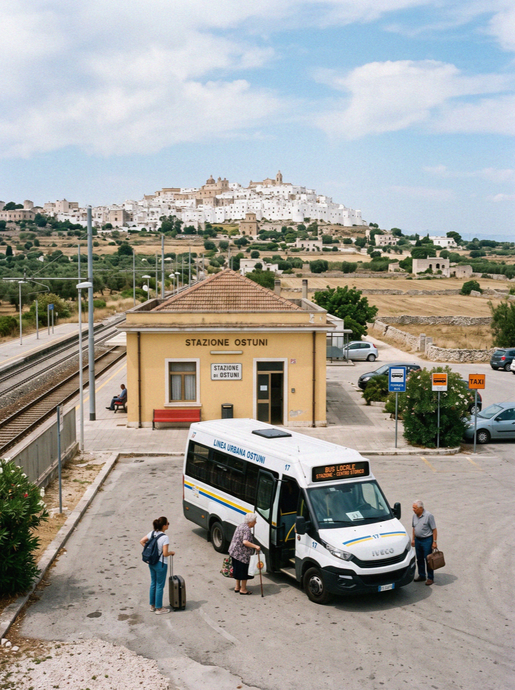 A local shuttle bus waiting outside Ostuni railway station on the plain below the town