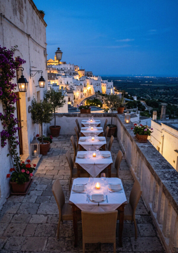 Restaurant tables set on a whitewashed terrace at the edge of Ostuni at blue dusk