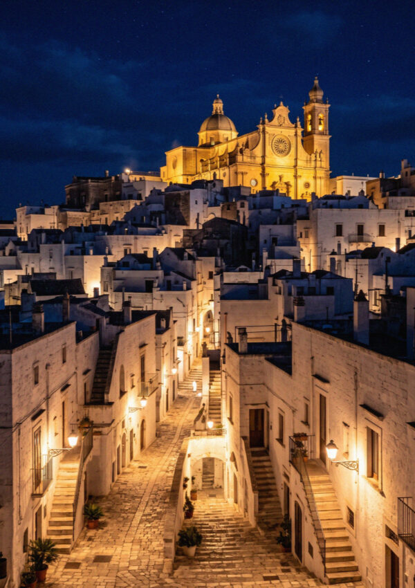Ostuni in Puglia after dark with warm lamps along the lanes and the cathedral lit above