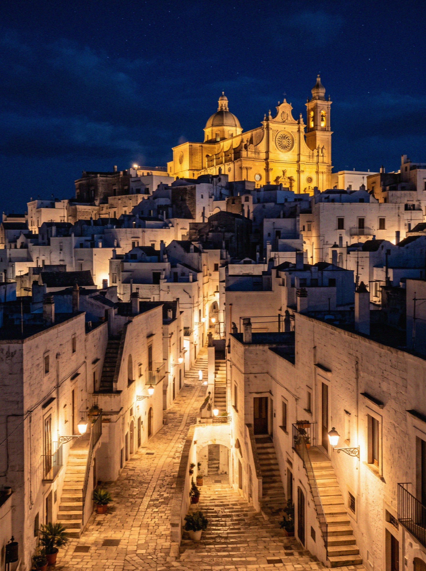 Ostuni in Puglia after dark with warm lamps along the lanes and the cathedral lit above