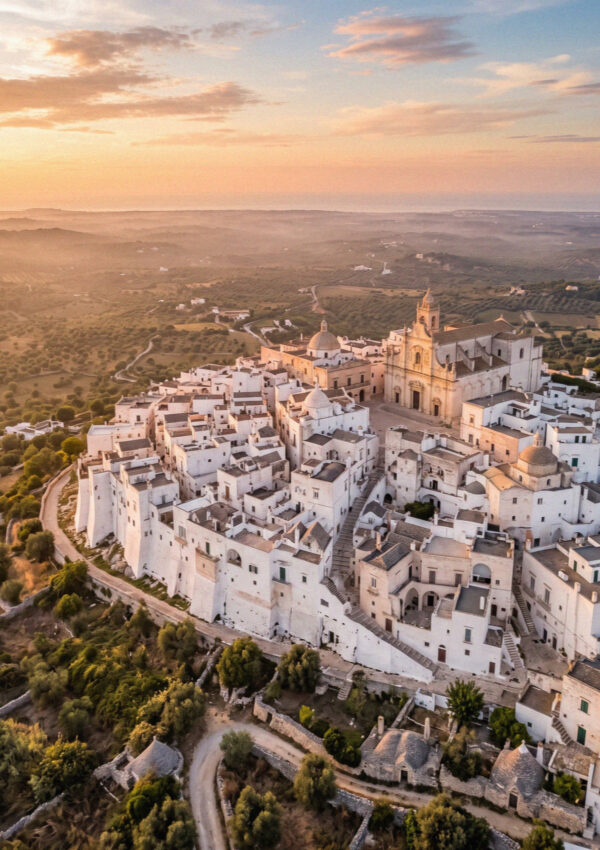The white hill town of Ostuni turned gold and pink in low evening light above the olive plain