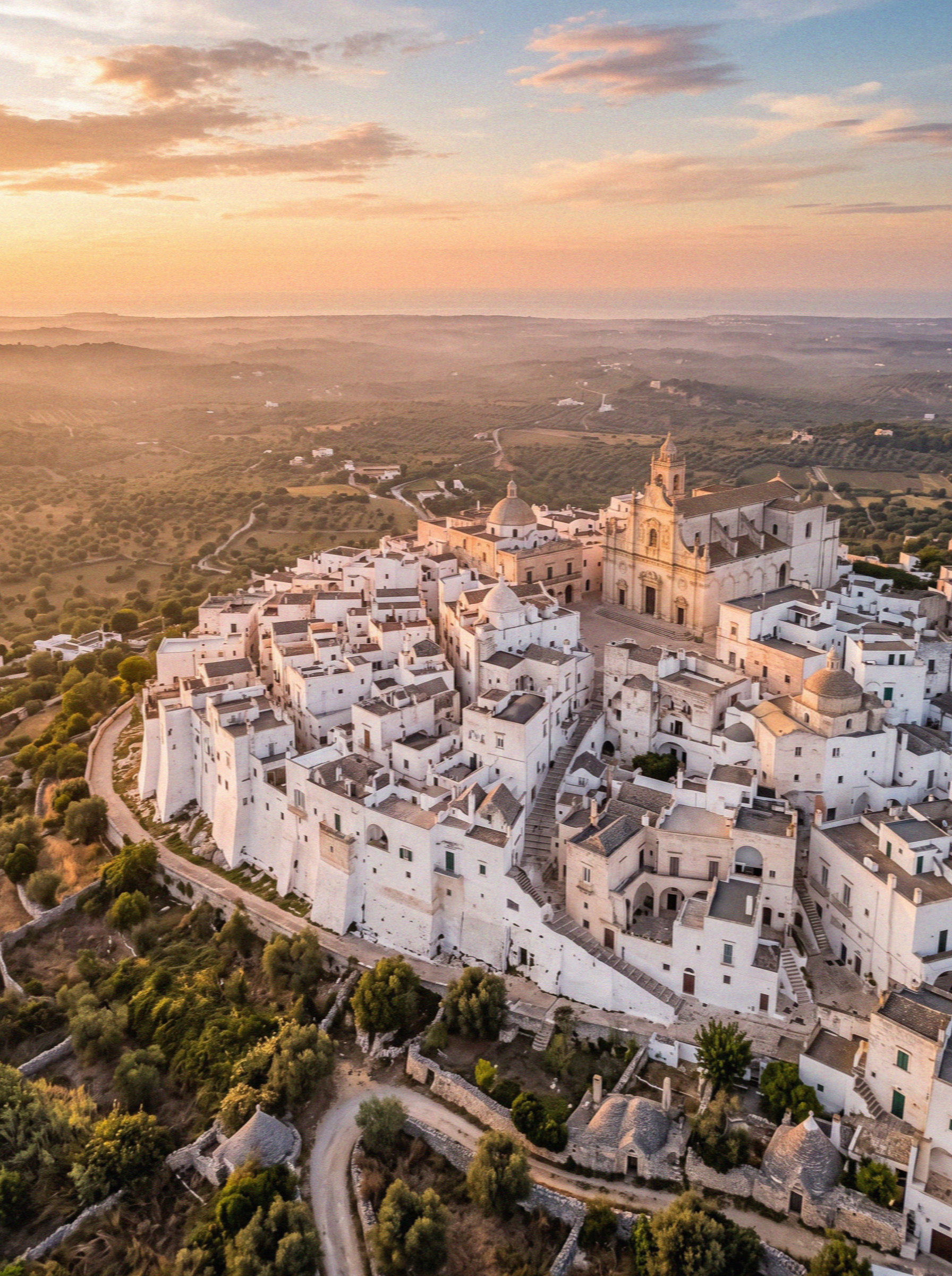The white hill town of Ostuni turned gold and pink in low evening light above the olive plain