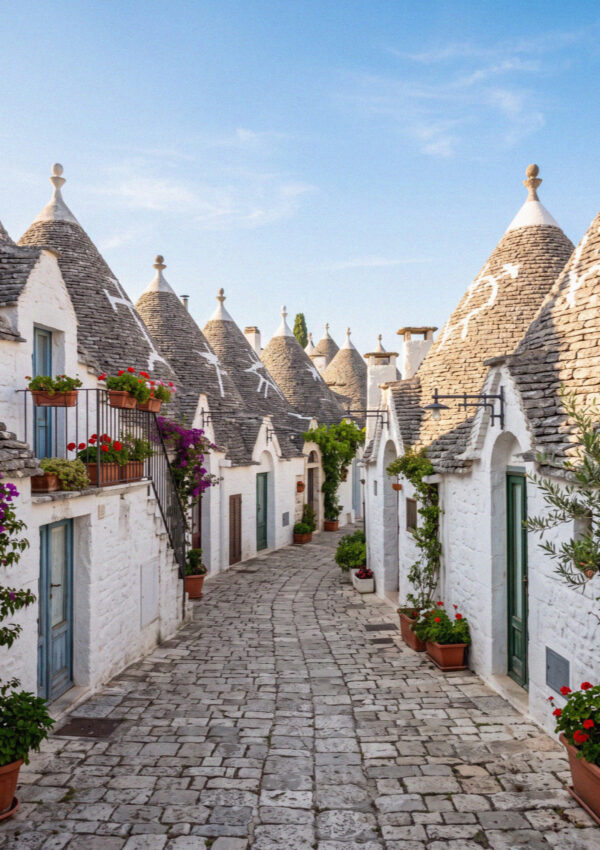 Conical dry stone roofed trulli houses along a street in the Valle d'Itria near Ostuni