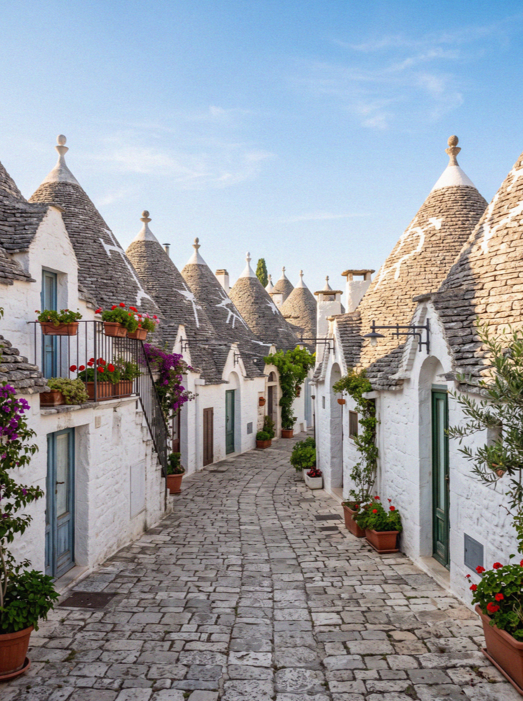 Conical dry stone roofed trulli houses along a street in the Valle d'Itria near Ostuni