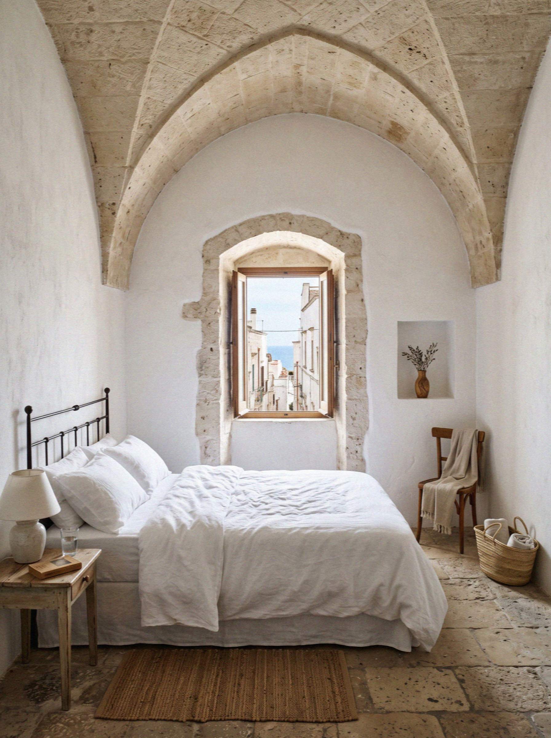 A whitewashed hotel room with a vaulted stone ceiling and deep set window in Ostuni