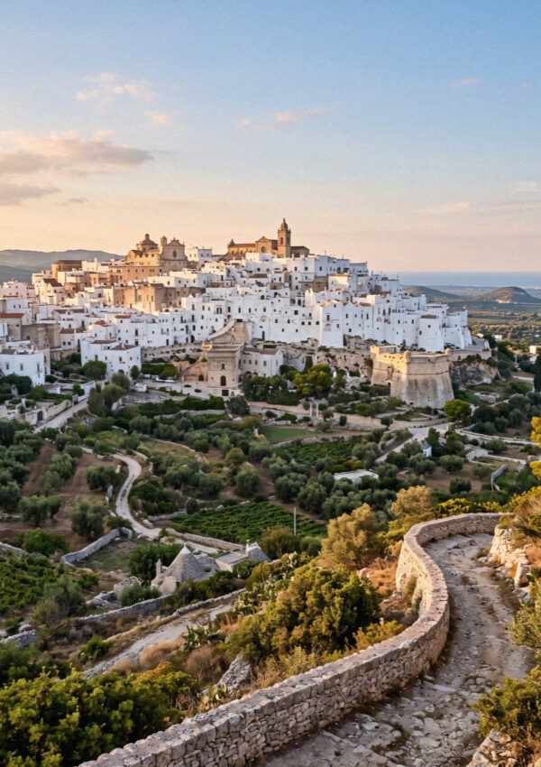 The white hill town of Ostuni in Puglia seen across the valley from a viewpoint