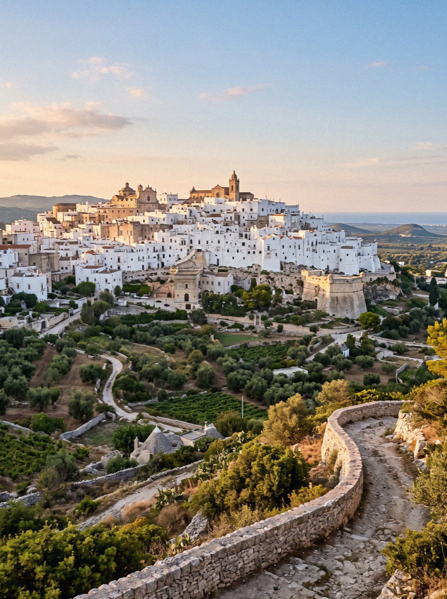 The white hill town of Ostuni in Puglia seen across the valley from a viewpoint