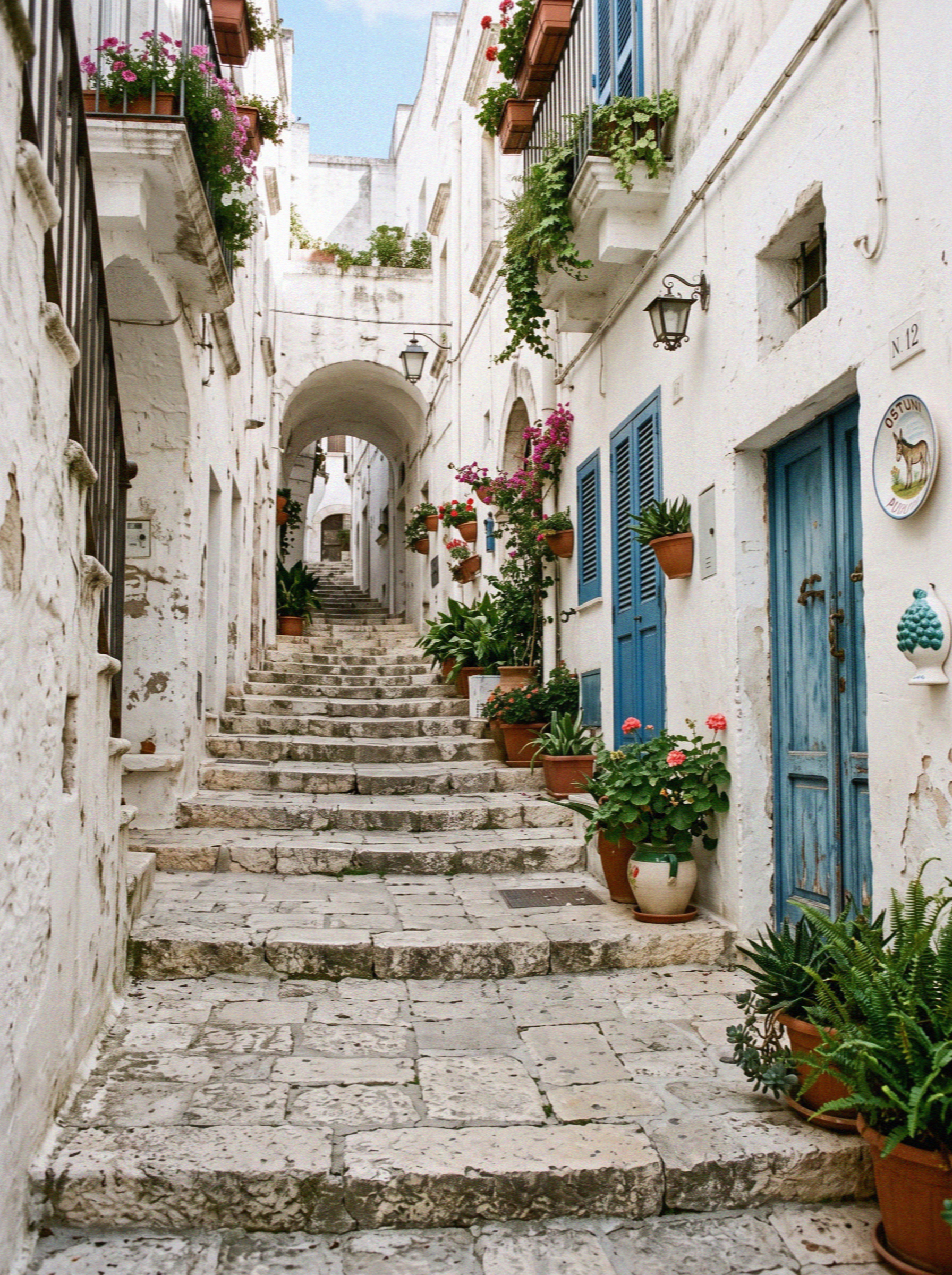 Worn stone steps climbing between whitewashed walls in the old town of Ostuni in Puglia
