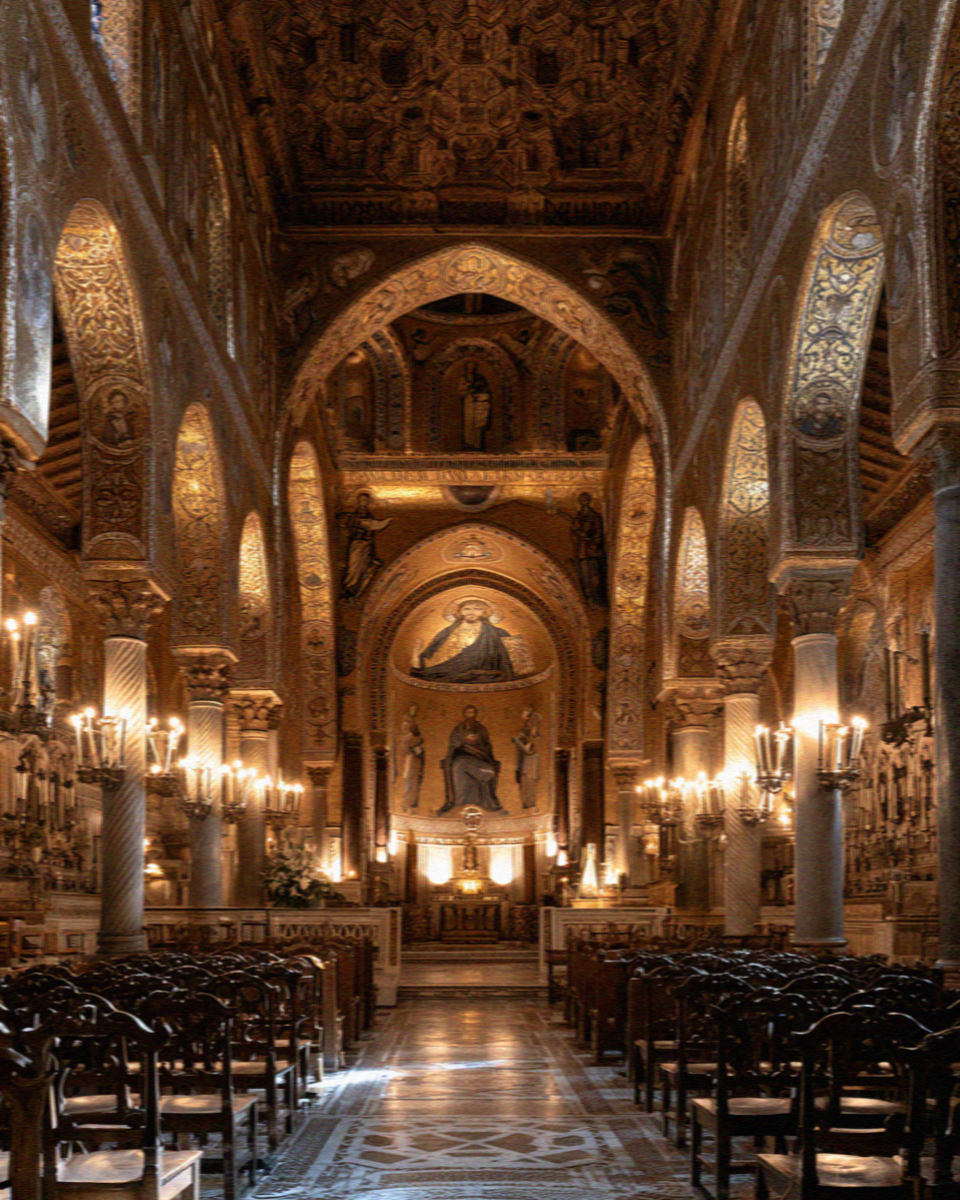 Gold mosaic and pointed arches in a royal chapel interior in Palermo, Sicily