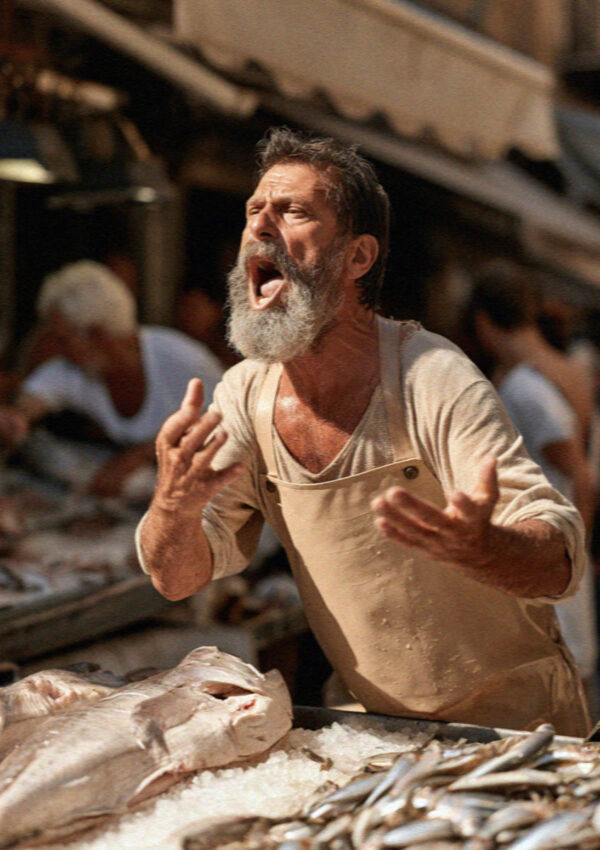 A fishmonger calling out over his stall in a market in Palermo, Sicily