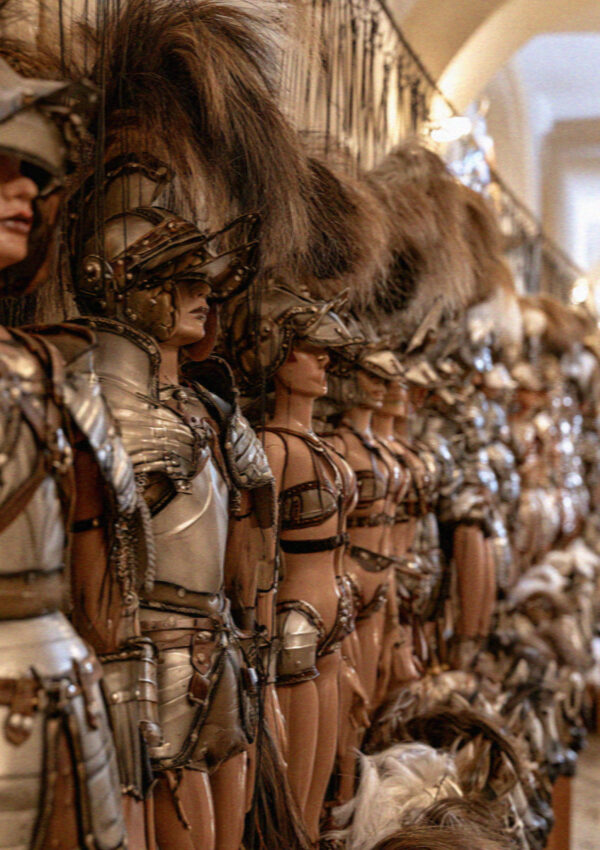 Armoured marionettes hanging in a workshop in Palermo, Sicily