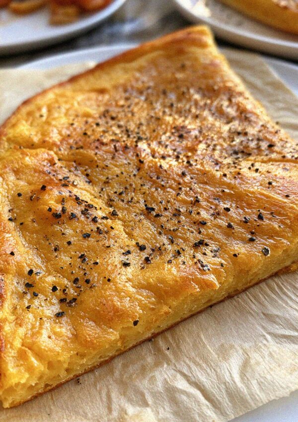 A wedge of cecina, Pisa's golden chickpea flatbread, with black pepper