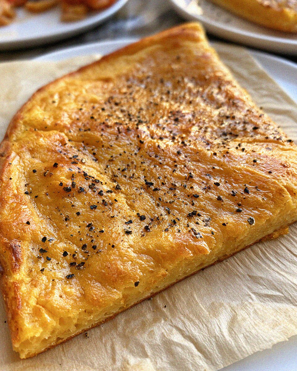 A wedge of cecina, Pisa's golden chickpea flatbread, with black pepper