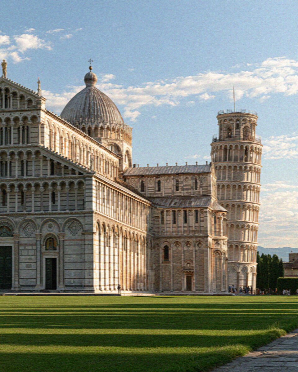 The Cathedral, Baptistery and Leaning Tower on the green lawn of Piazza dei Miracoli in Pisa