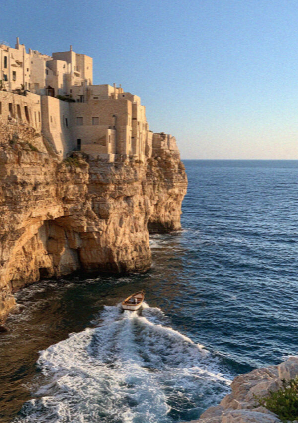 The cliff town of Polignano a Mare seen from the sea