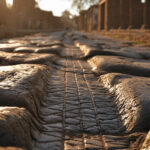 Close-up of deep cart ruts worn into black basalt paving in Pompeii in low raking light