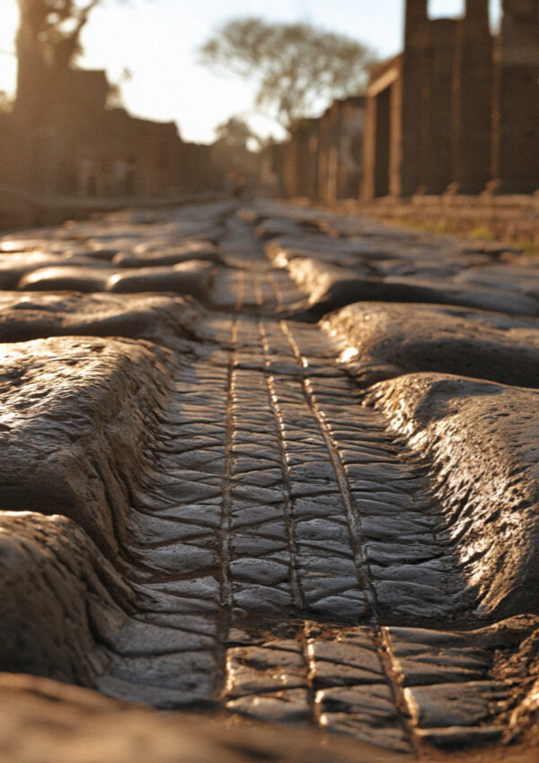 Close-up of deep cart ruts worn into black basalt paving in Pompeii in low raking light