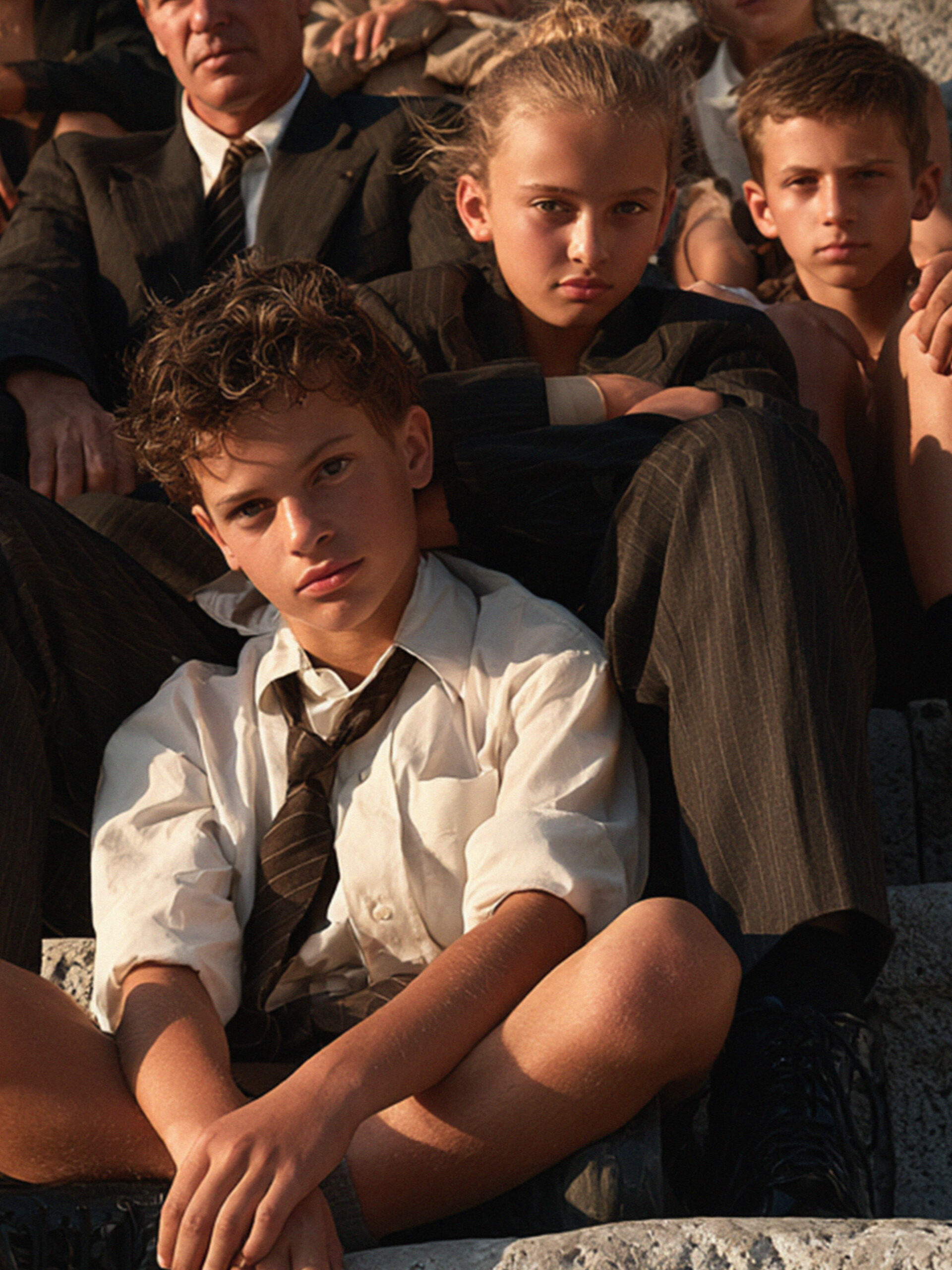 A group of Italian schoolchildren sitting with their teacher on ancient stone steps in Pompeii in late morning light