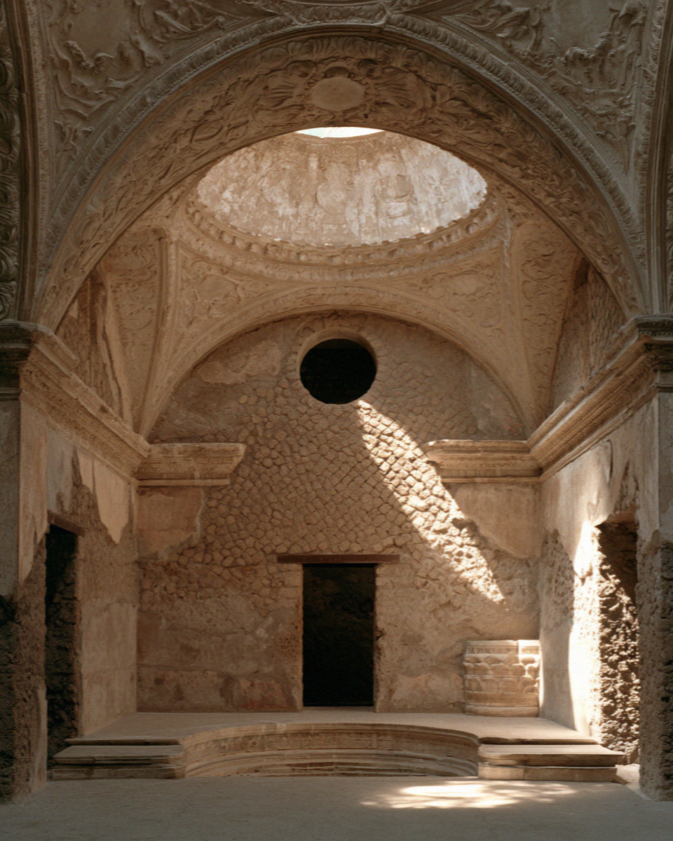 A vaulted ancient bath chamber in Pompeii with a moulded stucco ceiling and a shaft of light from a round opening above, no people