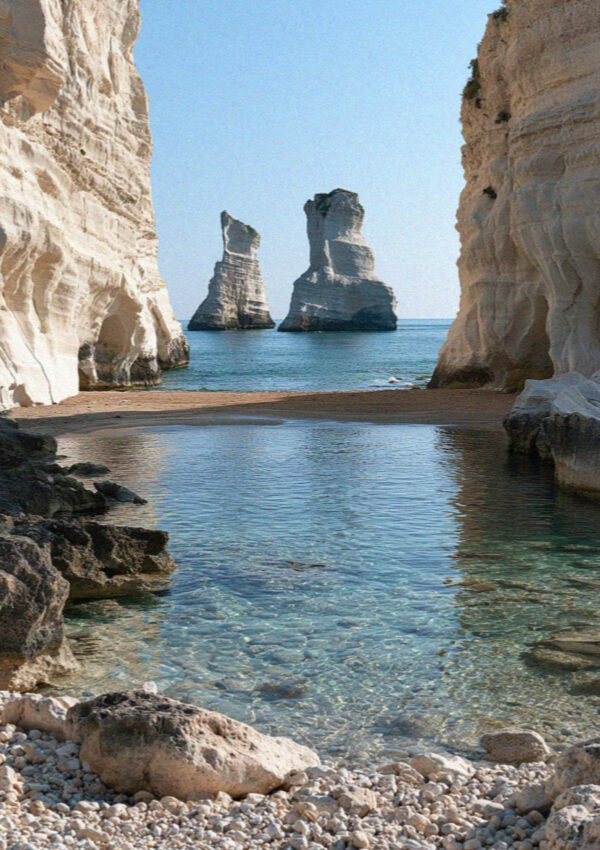 Sea stacks off a small bay on the Adriatic coast of the Salento, near Lecce