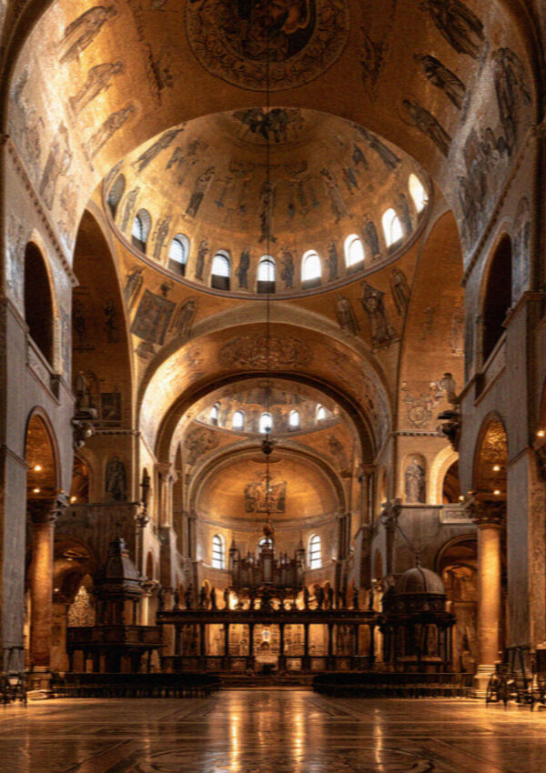 The gold-glass mosaic domes and vaults of the interior of the Basilica di San Marco in Venice