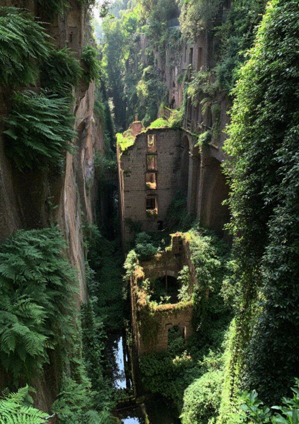 The green gorge behind the main square in Sorrento with the ruins of abandoned flour mills on its floor