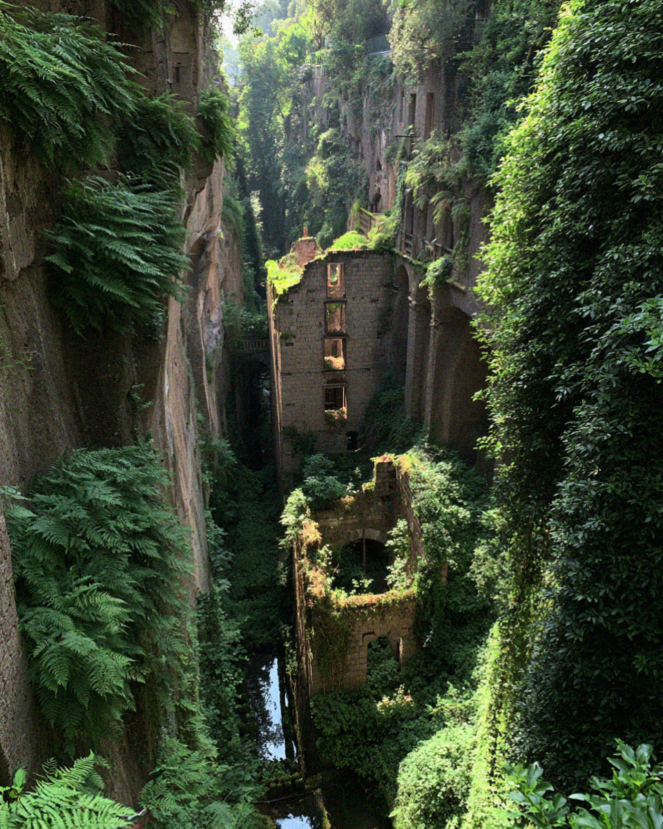 The green gorge behind the main square in Sorrento with the ruins of abandoned flour mills on its floor