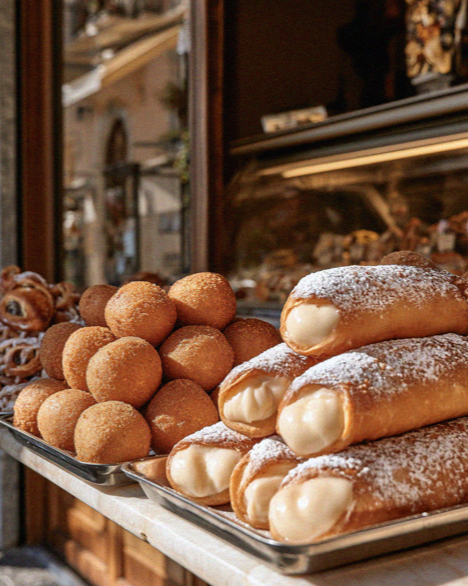 Arancini and cannoli in a shop window in Taormina