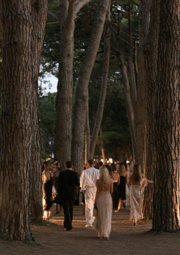 Well-dressed opera-goers walking through a park of tall pine trees at dusk on their way to an open-air performance at Torre del Lago in Tuscany