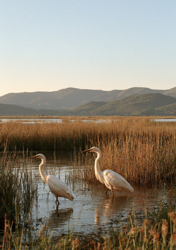 Two white herons standing in the shallow reeded water of Lake Massaciuccoli in Tuscany at dusk, hills soft behind